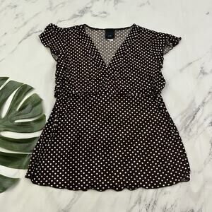 JTB Womens Vintage Y2k Polka Dot Top Size XL Brown Cream Flutter Sleeve